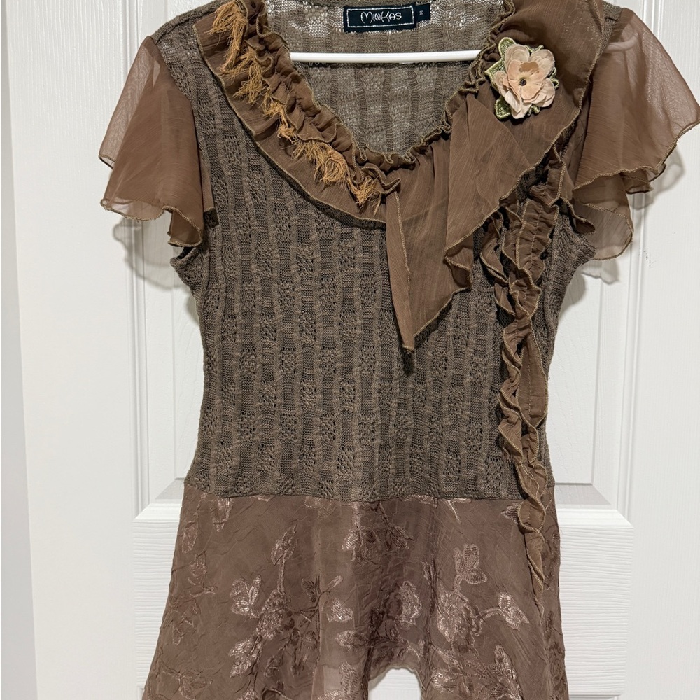 Vintage Brown Ruffled Short Sleeve Blouse